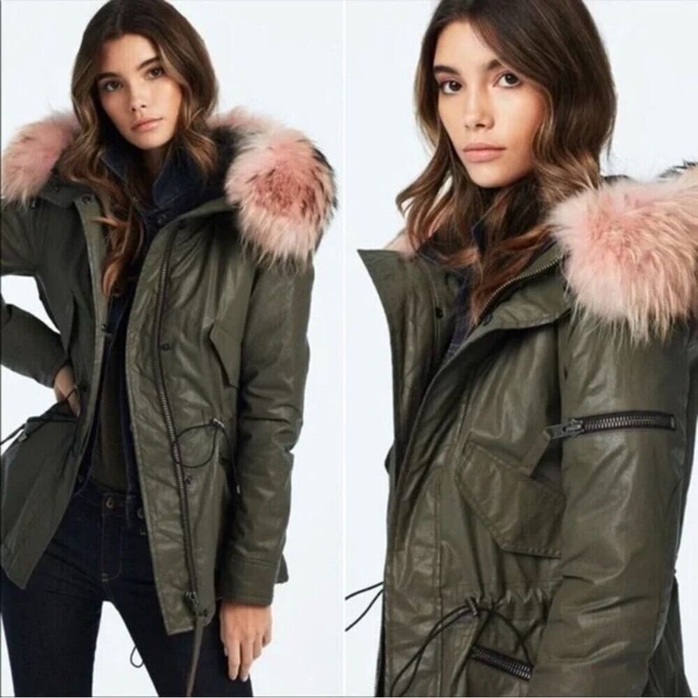 Olive Green Parka Jacket with Pink Faux Fur Trim